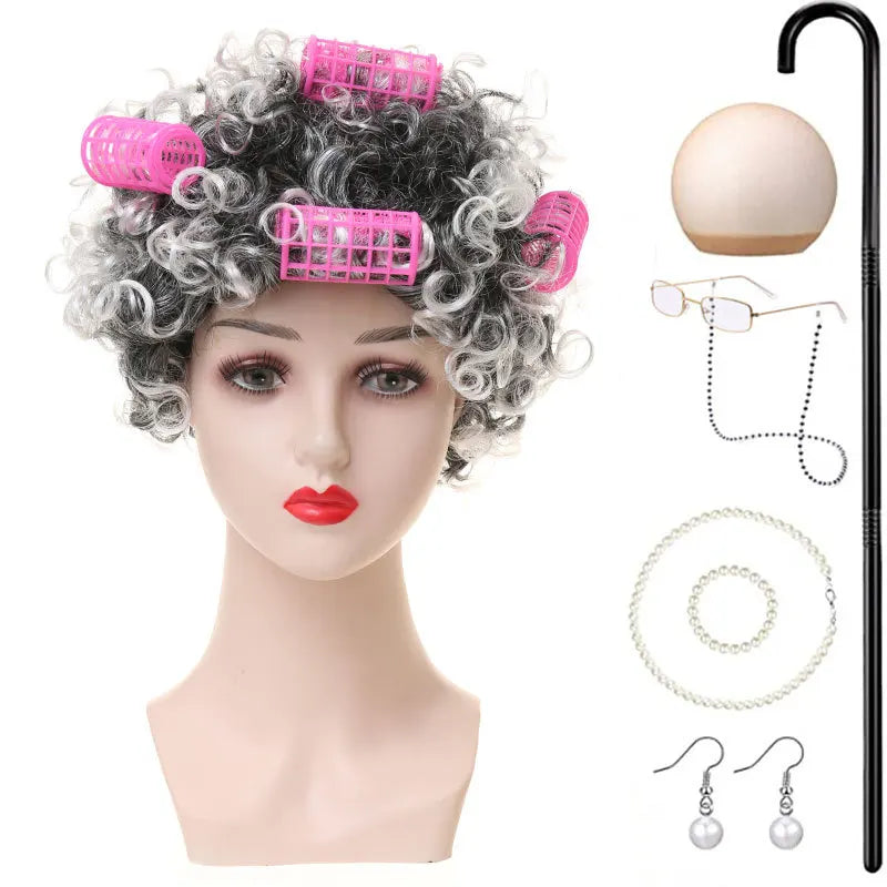 Halloween Granny Granny Grey Wig Grandpa Hair Granny Chartered Woman Curling Iron Wig Set