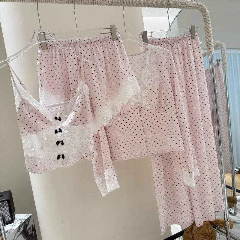 Princess Style Pink Dot Lace Pajamas Set Sexy Vest Top Shorts Pijama Mujer Summer Spring New Loungewear Ice Silk Lingerie