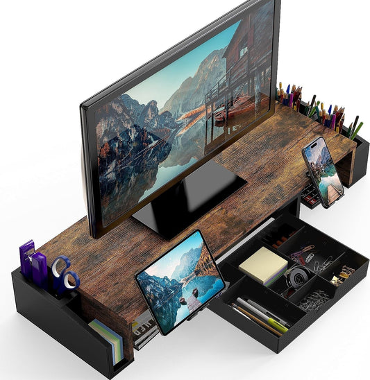 Desk Dual Monitor Stand Riser With Drawer Rustic Brown