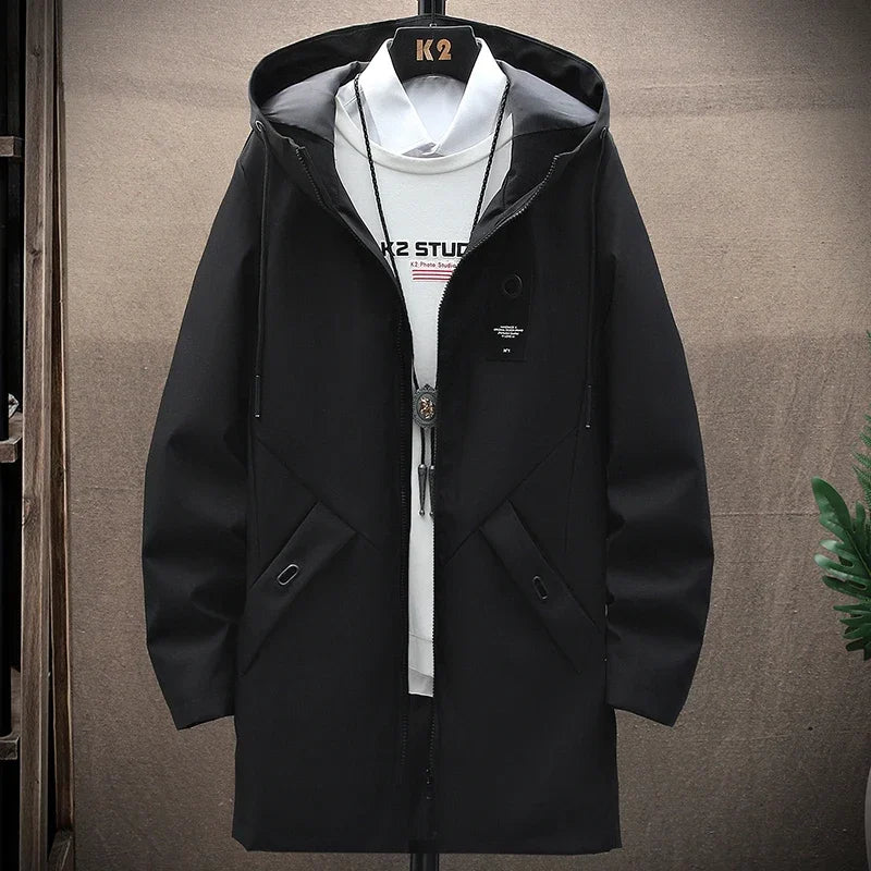 2024 Spring Mens Classic Fashion Trend Long Windbreaker Men Casual Loose Large Size High-Quality Hooded Coat Motorcycle Jackets