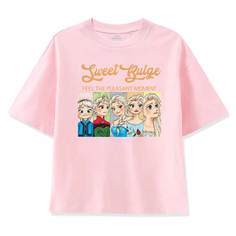 Girls Summer Short Sleeve T-Shirt Frozen Princess Elsa Cotton Loose Sweet Children's Top Casual Short Sleeve Half Sleeve Top