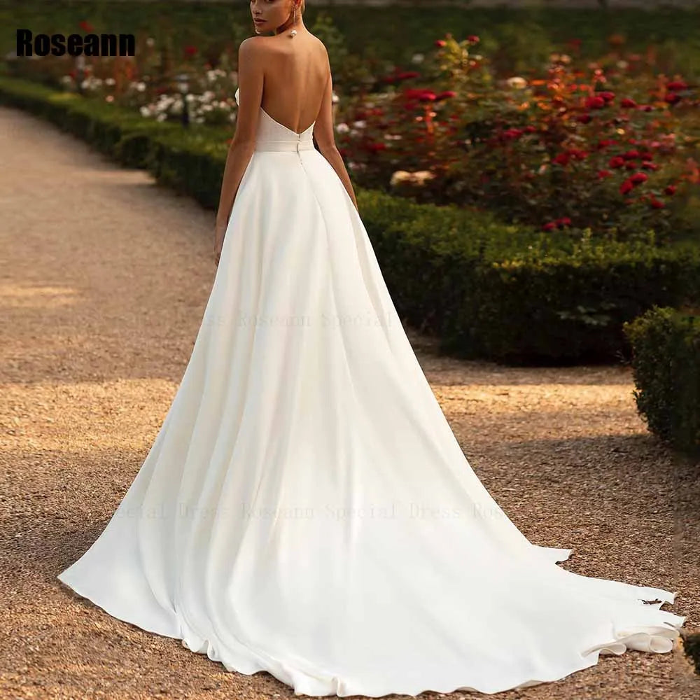 Customized Fashion 2025 Mermaid Wedding Dress Satin Open Back Strapless Front Split Brush Train Bride Dresses robe de mariée