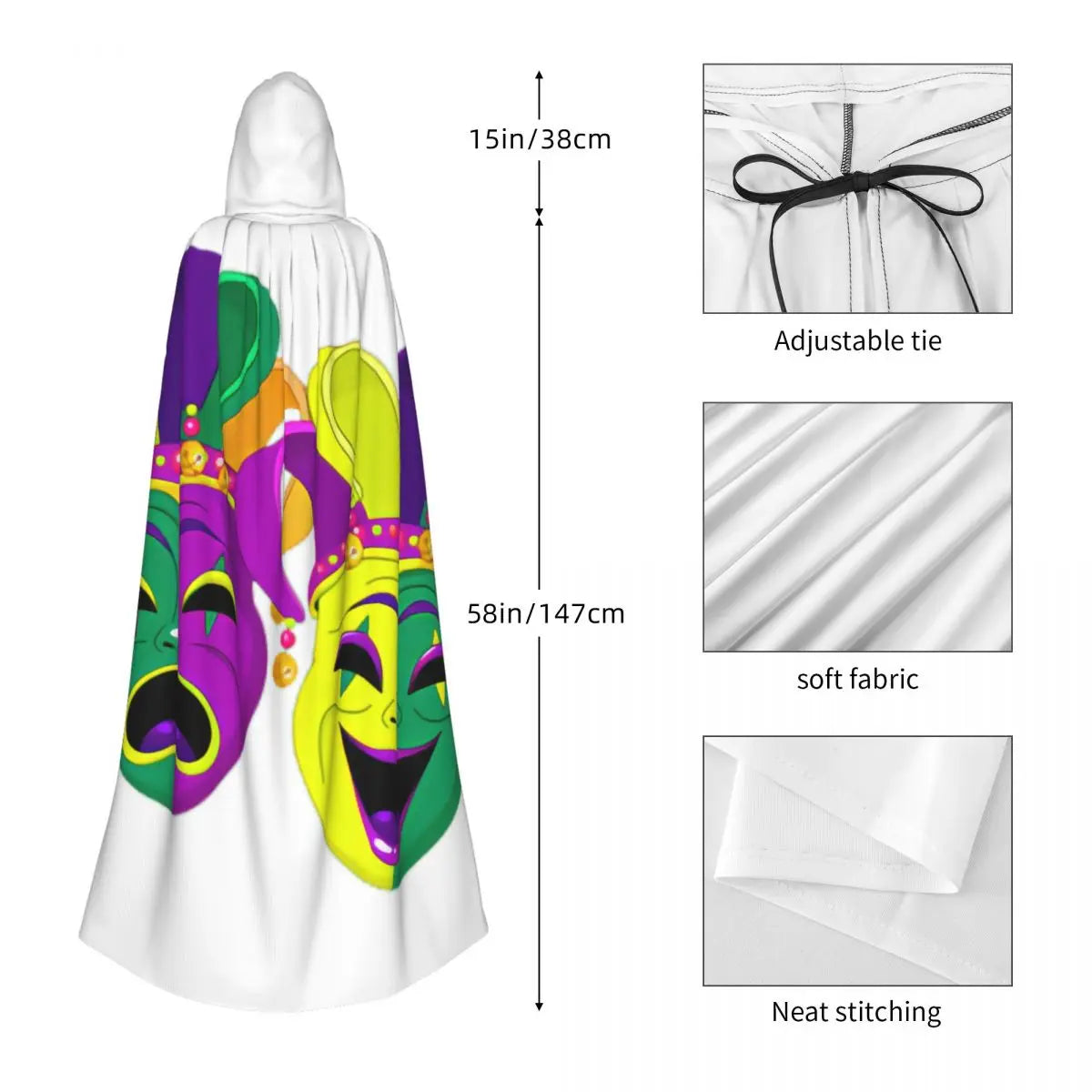 Mardi Gras Comedy And Tragedy Masks Cloak Hooded Cosplay Costume Halloween Adult Long Party Cape