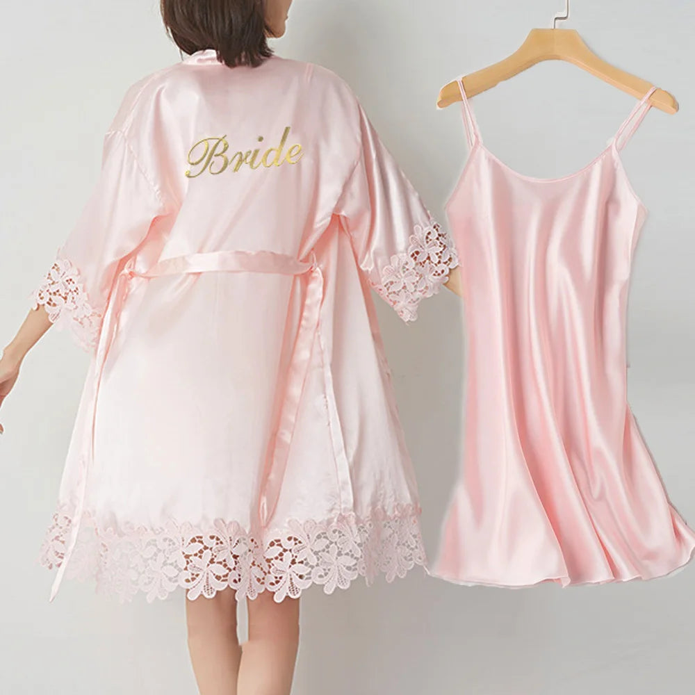 Sexy Lace Bride Bridesmaid Kimono Dresses Robes Women Home Gown Intimate Lingerie Wedding Robe Set Night Sleepwear Bathrobe 2PCS