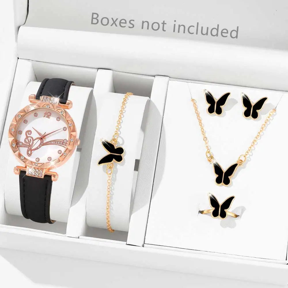 6PCS Women's Watch Set Trendy Versatile Butterfly Elements Quartz Watch Bracelet Necklace Earrings Ring Set Perfect Gift for Her