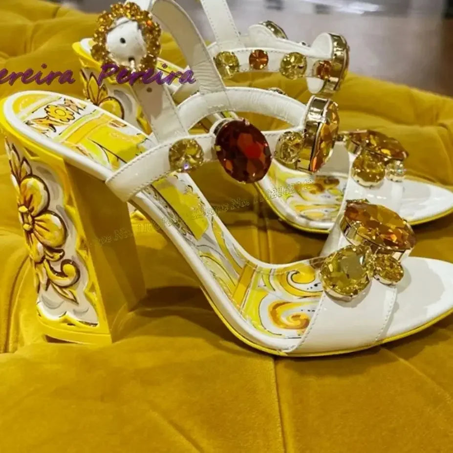 Classic Colorful Gemstone Sandals Crystal Open Toe Chunky Heel Buckle Strap High Heel Flower Designer Women Dress Party Shoes