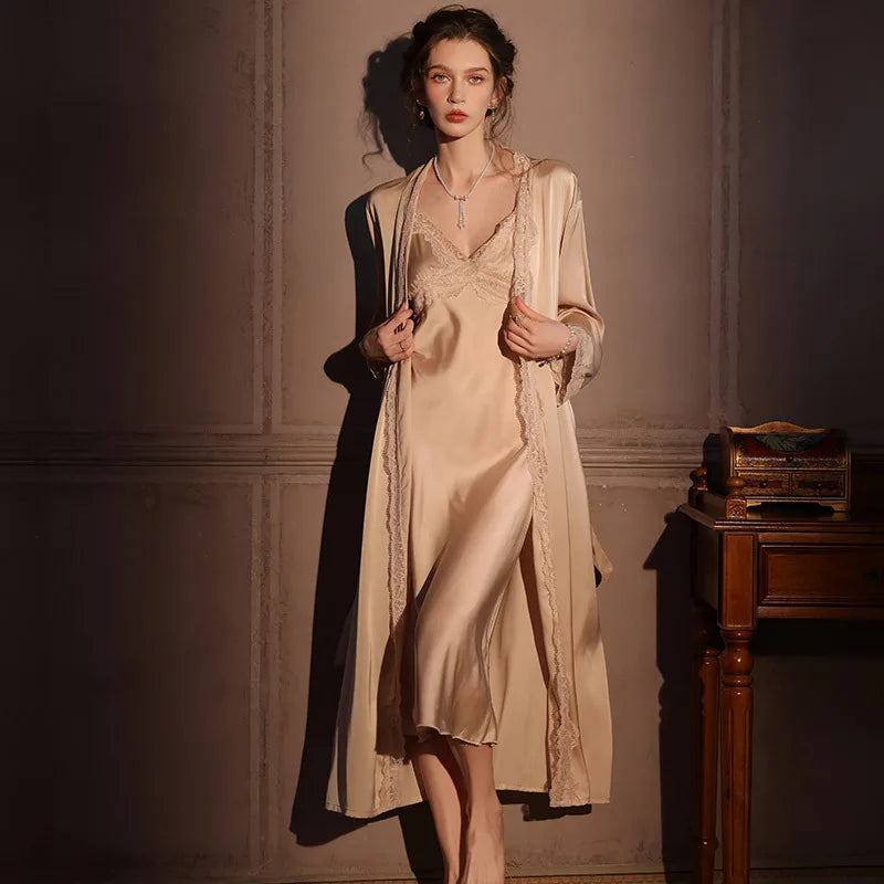 Elegant Female Twinset Robe Set Long Kimono Bathrobe Gown Sexy Lace Nightgown Lingerie Spring Autumn New Sleepwear Home Dress