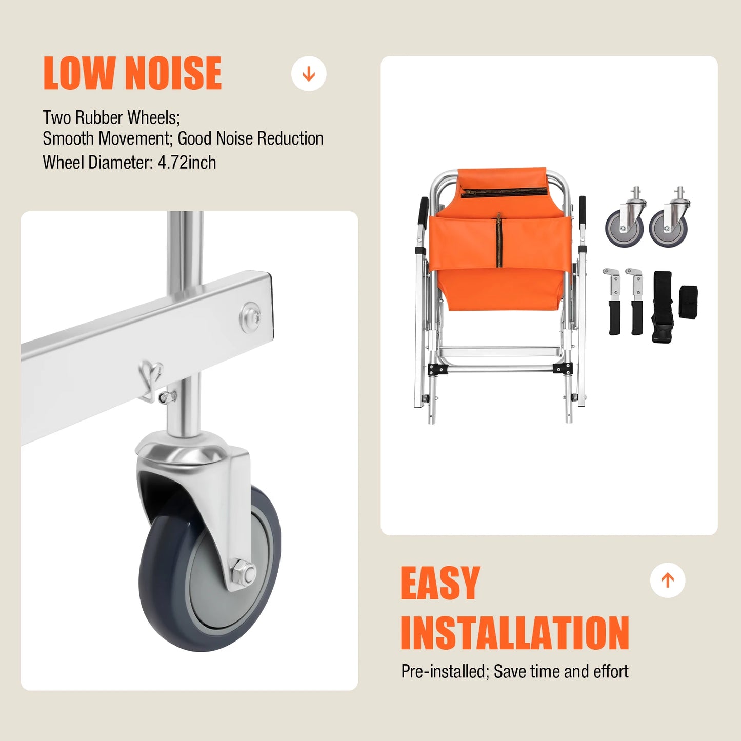 Bymaocar Foldable Two Wheeled Stair Chair Without Brakes, Orange Portable Aluminum Elderly and Patient Care Chair with Handles