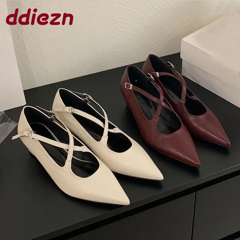 2025 New Fashion Buckle Strap Pumps Women Low Heel Shoes Female Shallow Footwear Pointed Toe Ladies Mary Janes Heeled Shoes