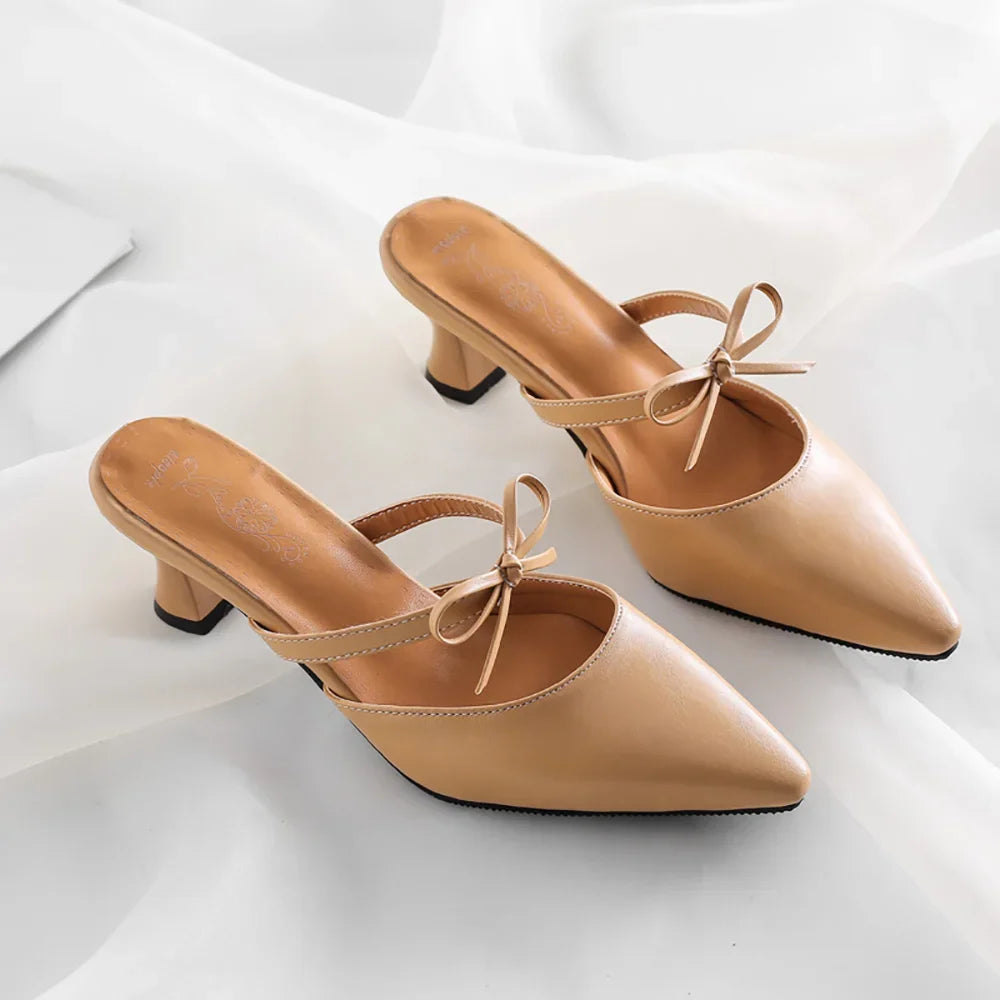 New Summer Fashion Black Apricot Women Causal Mules Pointed Toe High Heel Lady Nude Shoes Plus Big Small Size 31 43 46