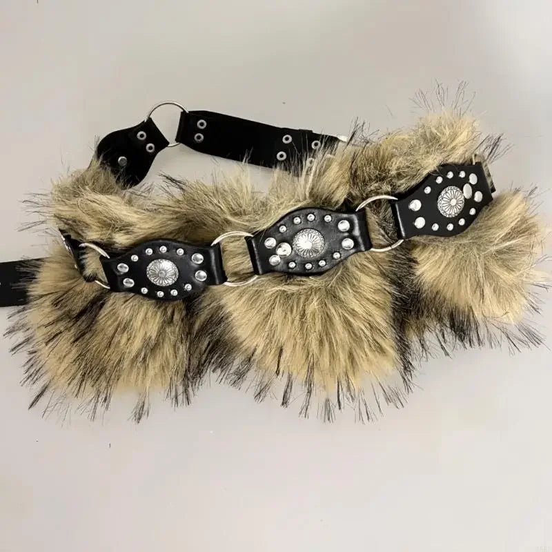 Retro Cowgirl Waistband Studded Faux Furry Belt Adjustable Length Waist Girdle Gothic Unisex Clothing Accessory