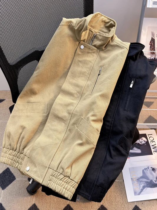 ex Pilot Jaet ort Sle Stand Collar Spring Autumn Trendy Retro Workwear Coat for Couples Youth Loose Fit Zipper Closure