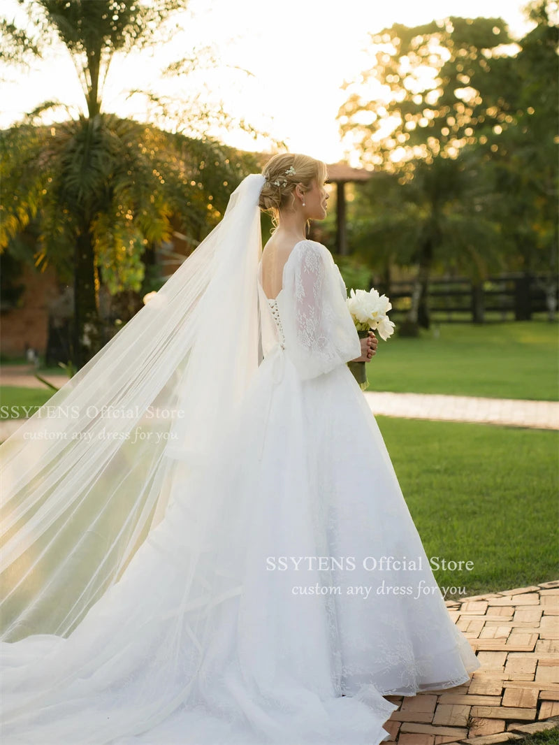 SSYTENS Customized ﻿Elegant Square Neck Wedding Dress Half Sleeves Civil Bridal Dresses A Line Lace Bride Gown Vestido De Novia