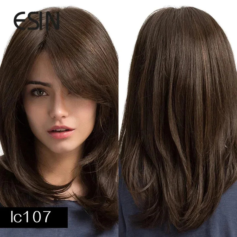 ESIN Synthetic Dark Brown Wig Long Wave Wigs for Women Hair Wig With Bangs Heat Resistant Party Daily Natural Use