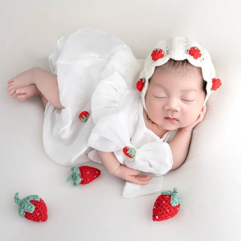 ❤️Baby Girl Photography Clothing Knit Hat+Dress+Strawberry Infant Photo Props Accessories Studio Shoot Clothes Outfits