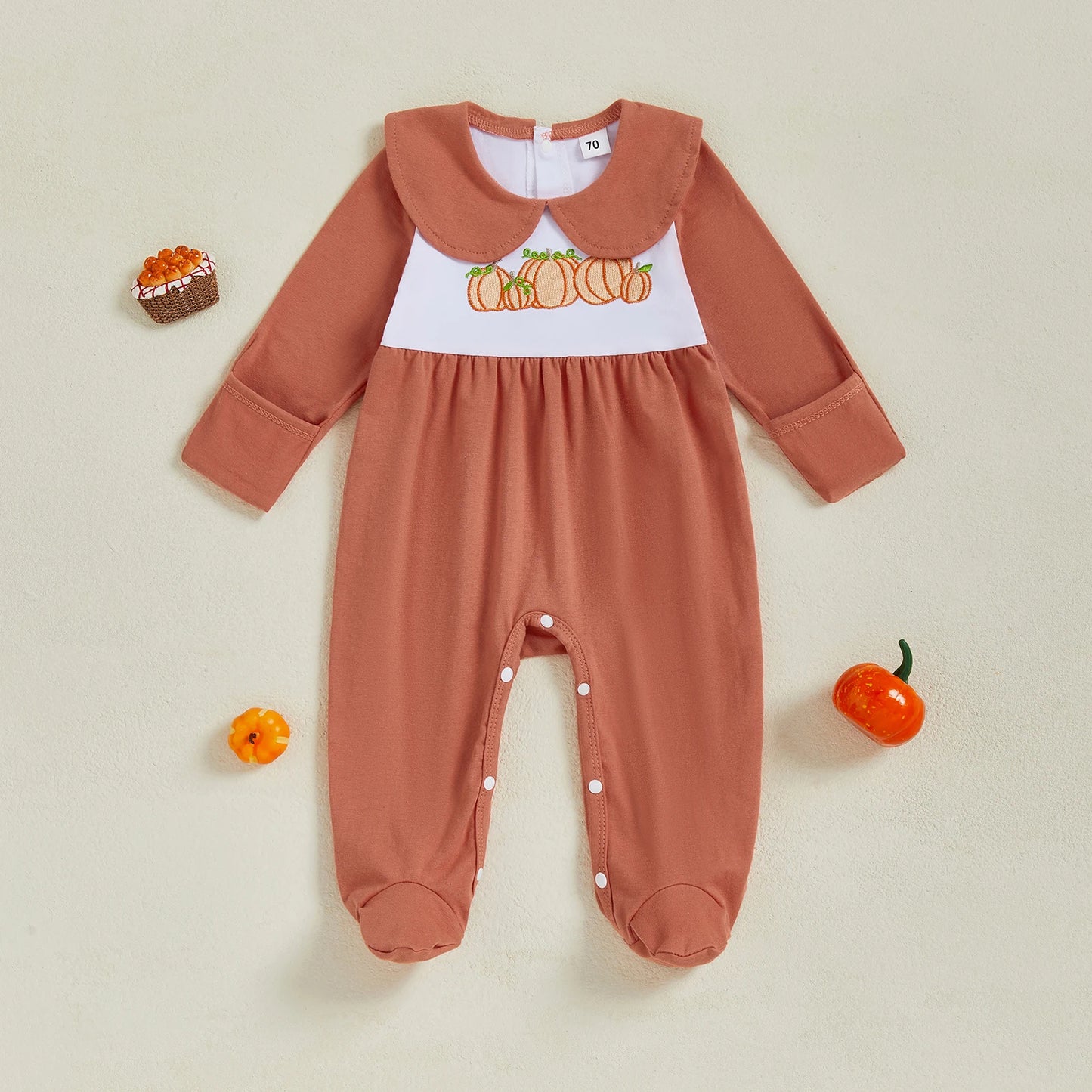 Baby Girl Halloween Romper Pumpkin Embroidered Doll Collar Long Sleeve Footie Pajama Cute Winter Fall Clothes