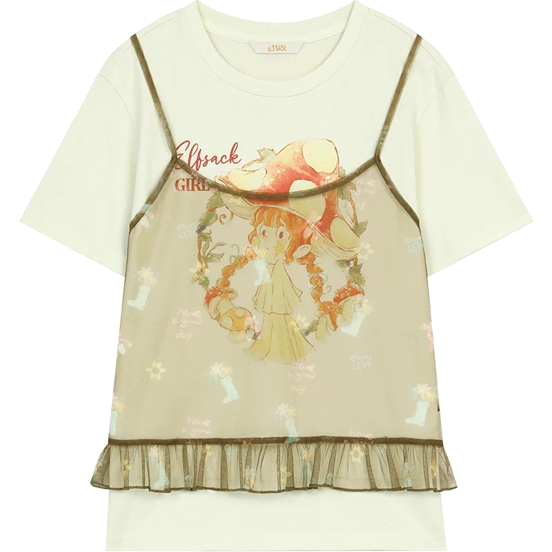 ELFSACK 2025 Summer New Arrival Casual Cute design niche top Mesh halter print short sleeve two-piece t-shirt