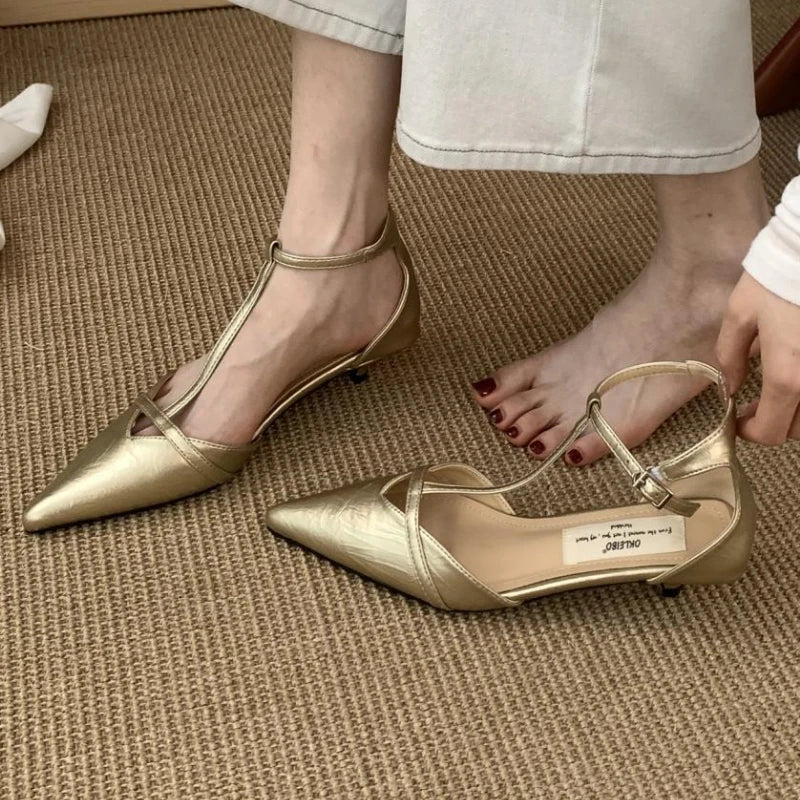 Fashion Pointed Toe Pumps Women Sandals Elegant Hollow Gold High Heels Ladies Footwear Summer New T-strap Sexy Office Women Shoe