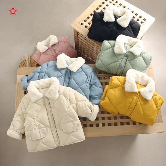 Children's Loose Cotton Clothes 18M-7Y Baby Short Diamond-shaped Lapel Cotton Jacket Boys and Girls Thick Warm Fur Collar Coat