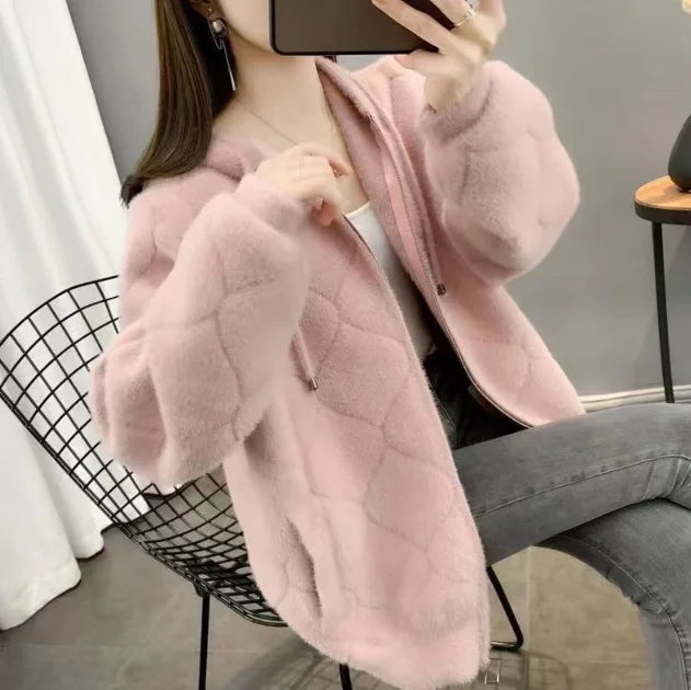 Women's Knitted Sweater Coat Zipper Cardigan Coat Urban Minimalist Mink Fur Coat Open Front Round Neck Long Sleeve Cardigan Top