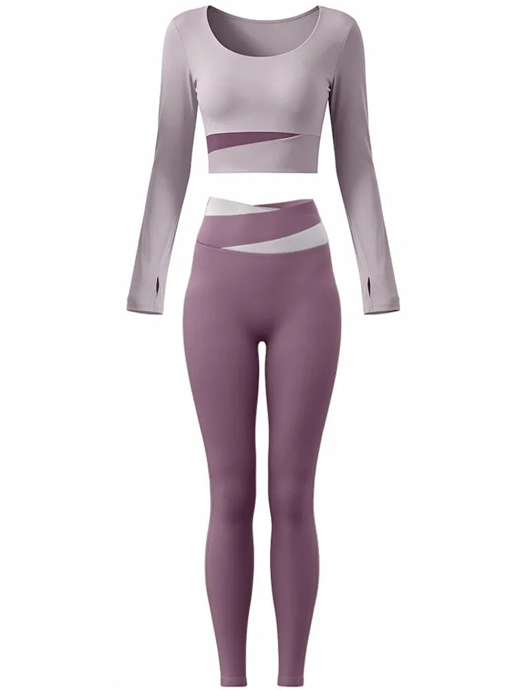 2 Piece Sets Women Quick-Dry Sports Set O-Neck Long Sleeve Top Pants Running Fitness Workout Athletic Wear Tracksuit Sportswear