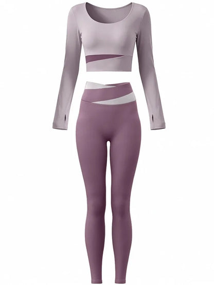 2 Piece Sets Women Quick-Dry Sports Set O-Neck Long Sleeve Top Pants Running Fitness Workout Athletic Wear Tracksuit Sportswear