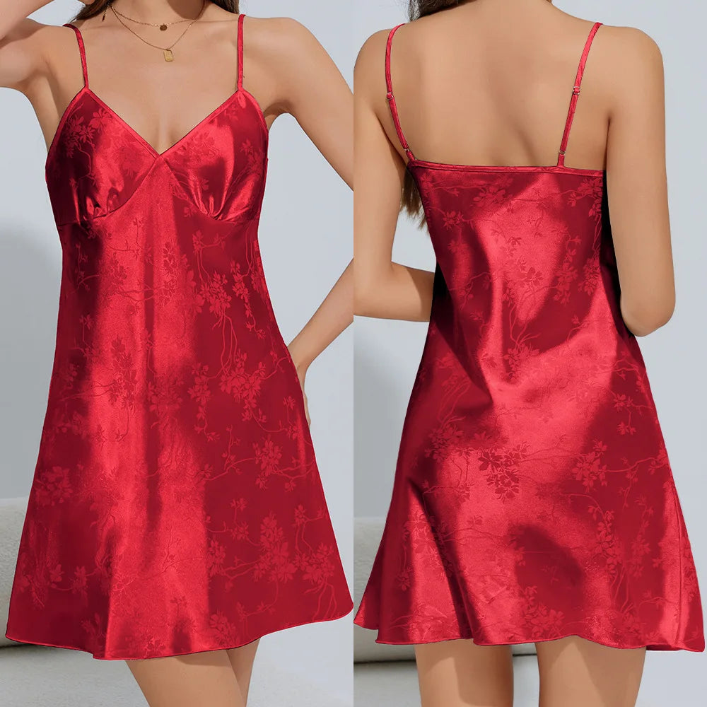 Sexy Suspender Nightgown Women's Chemise Sleepwear Lingerie White Ice Silk Jacquard Nightdress Summer New Home Dress Loungewear