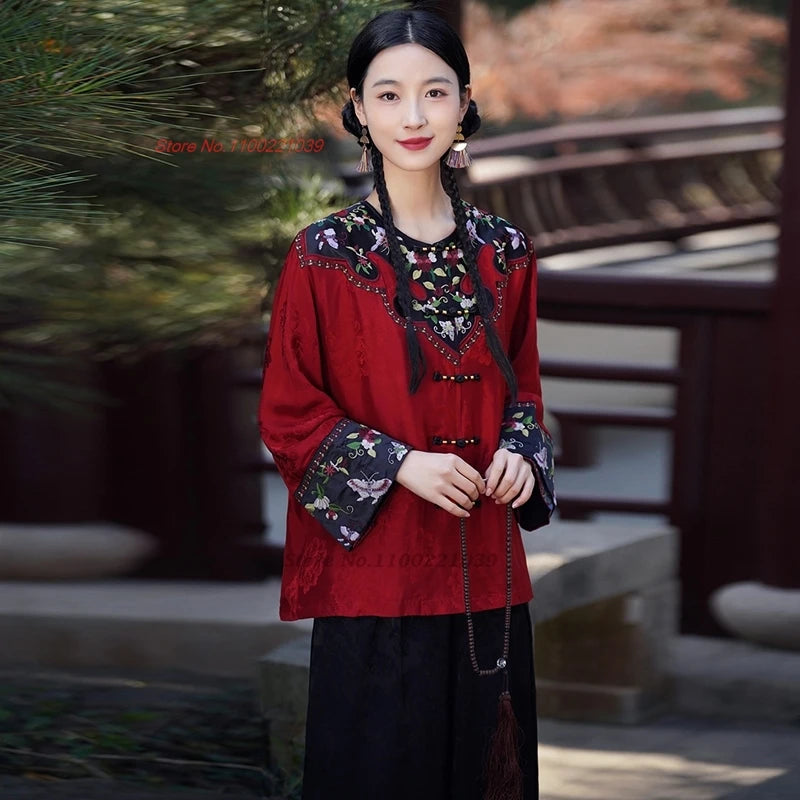 2025 traditional chinese vintage coat national flower embroidery hanfu tops retro o-neck ethnic jacket satin jacquard folk coat