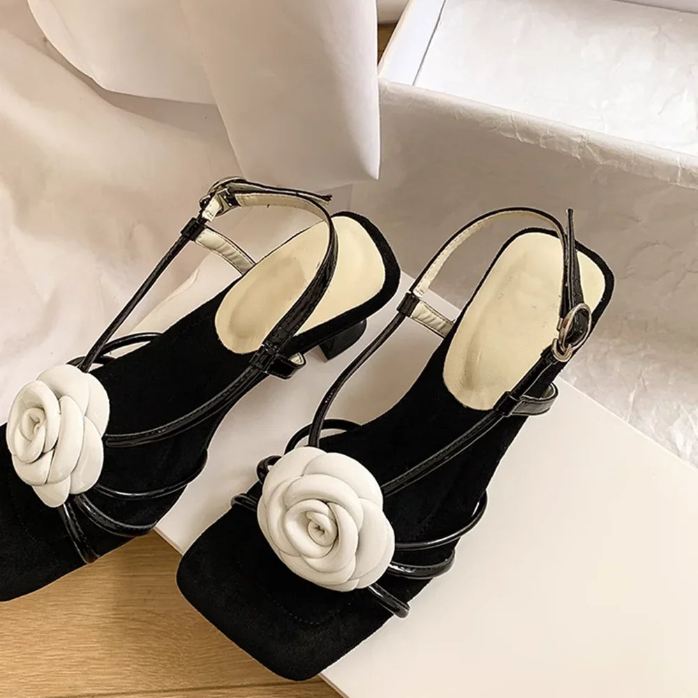 Camllia Decoration Cross Tied Sandals Sexy Square Toe Thin Heel Slingback Ankle Warp New Arrivals Fashion Womne Modern Shoes