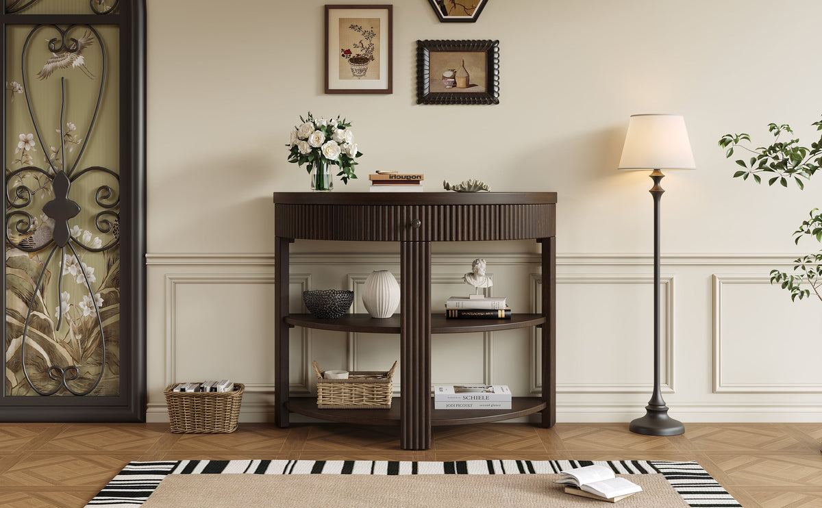 Fluted Half Moon Console Table with Drawer and 2 Shelves for Entryway,