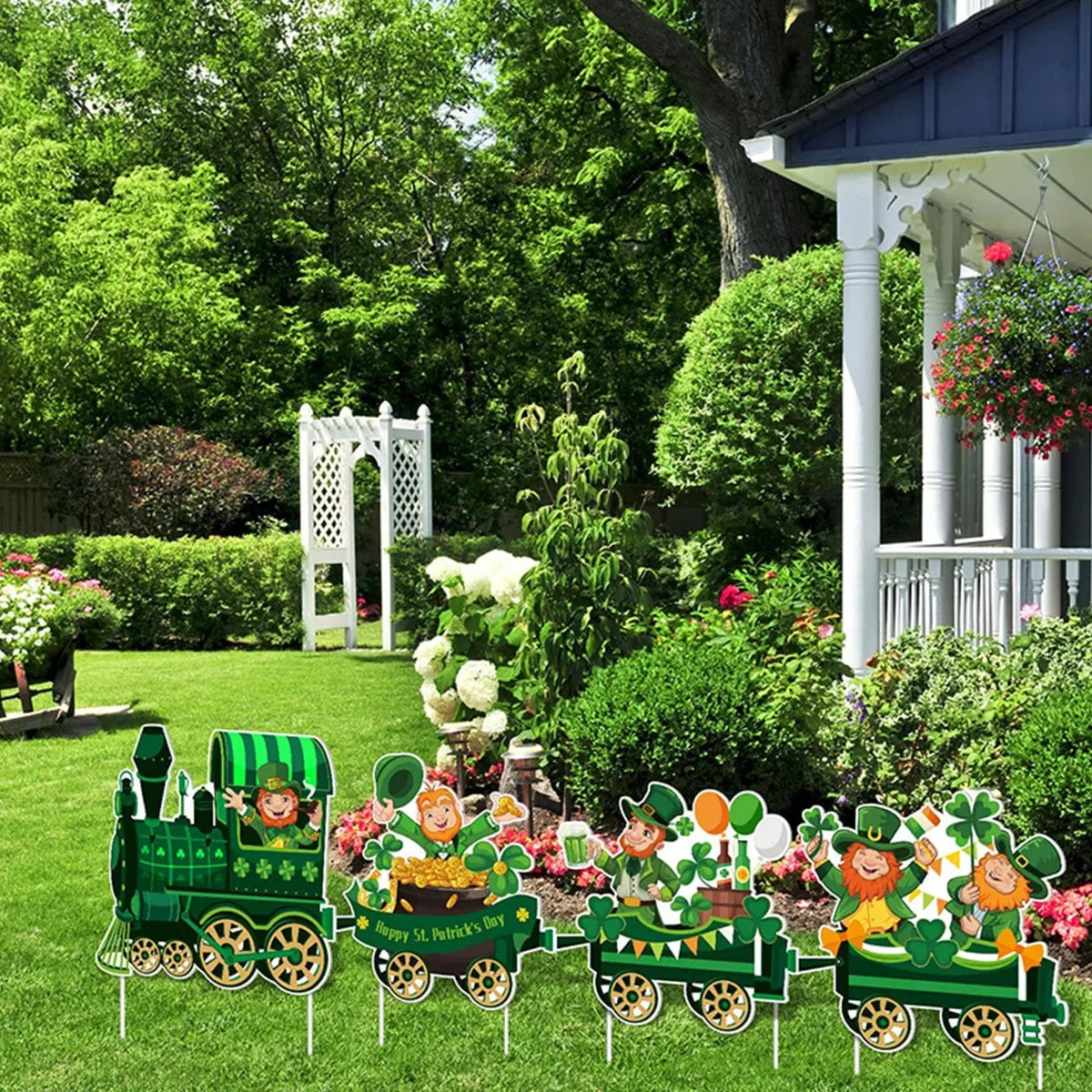 4/8 Pcs Leprechaun Shamrock Balloon Hat Rainbow Sign St. Patrick's Day Yard Sign Train Lawn with Stakes Irish Decor Home Garden