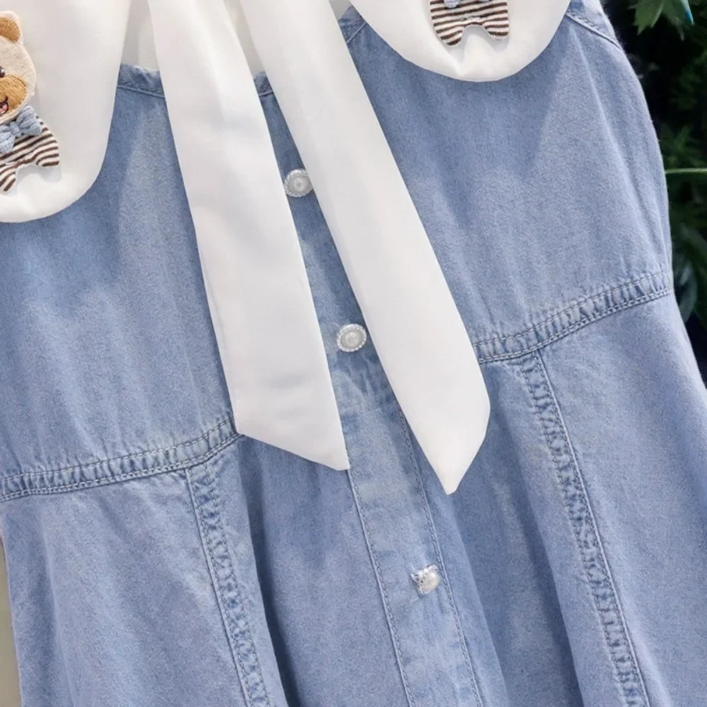 Summer Baby Girls Denim Dresses Blue Kids Outfits School Uniform Clothes Short Sleeve Dress Kids  Costumes 6 8 9 10 11 12 Years