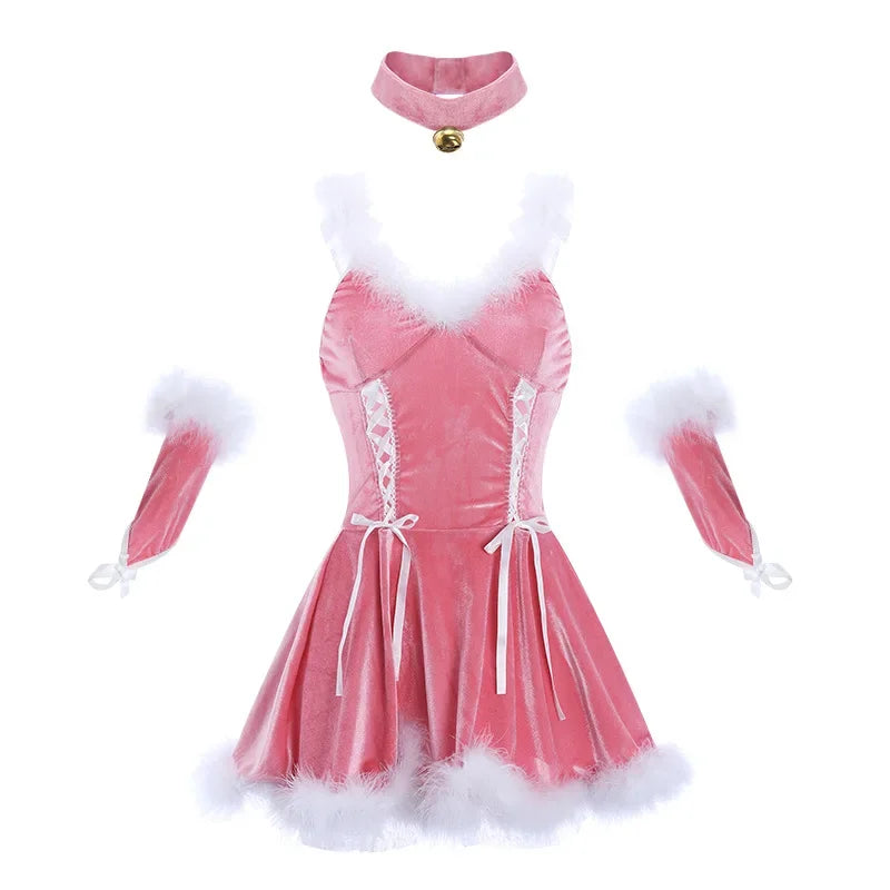 Christmas Dresses for Women Pink Halter Dress Suit with Cloak Sexy Bunny Girl Lingerie Set