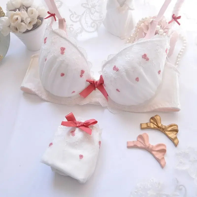 Embroider Thin Cup Girl Cute Sexy Lingerie  Bra Set Plus Size Women