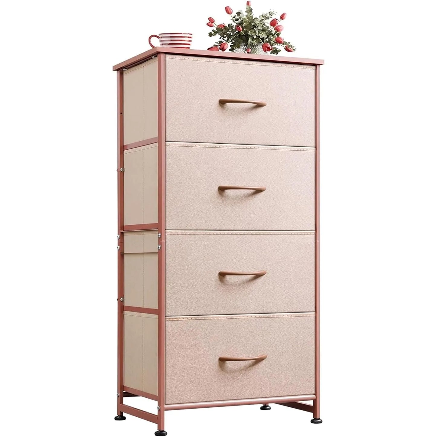 4 Drawers Dresser for Bedroom, Pink Rose Gold Fabric Clothes Storage Organizer Unit, Dresser for Hallway, Entryway,  Wood Top