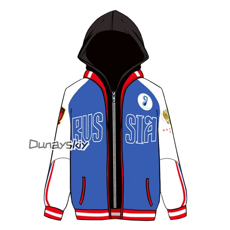 Anime Yuri Plisetsky Victor Nikiforov Cosplay 코스프레 Red Blue Coat Jacket Pants Anime Unisex Halloween Sportswear for Women Men