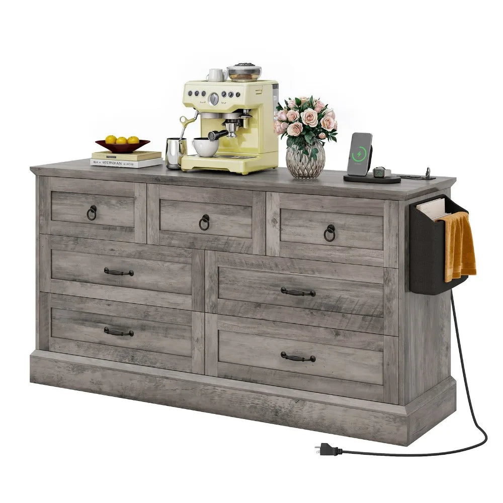 59 Inch Grey Wide Wood 7 Drawers Dresser Storage Dressers Organizer for Living
