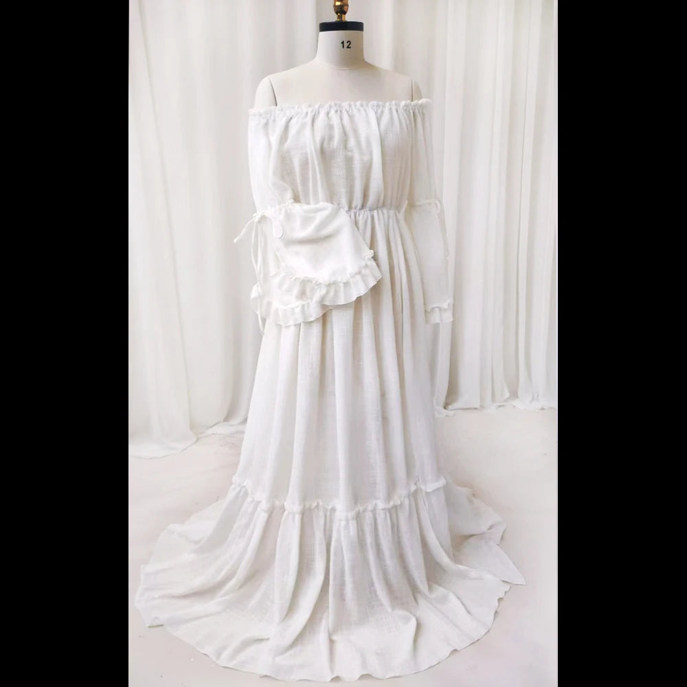White Outfit Maternity Dress Photoshoot Long Sleeved Photography Baby Shower Dresses For Women Photo Shoot Clothes Babyshower