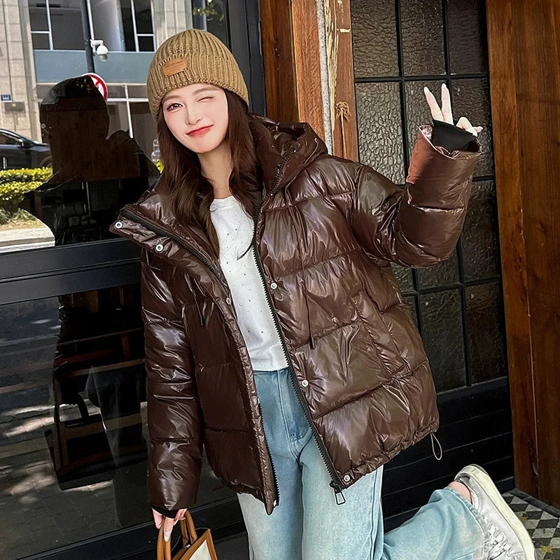 2025New Winter Jacket Women Parka Fashion Hooded Thick Warm Glossy Down Cotton Coat Parkas Female Casual Outwear Overcoat Ladies