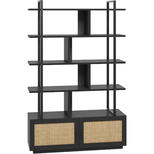 5-Tier Rattan Bookshelf with Storage Cabinet Door 71.1-Inch Tall Industrial Bookcase for Living Room Black Metal Frame Woven Ra