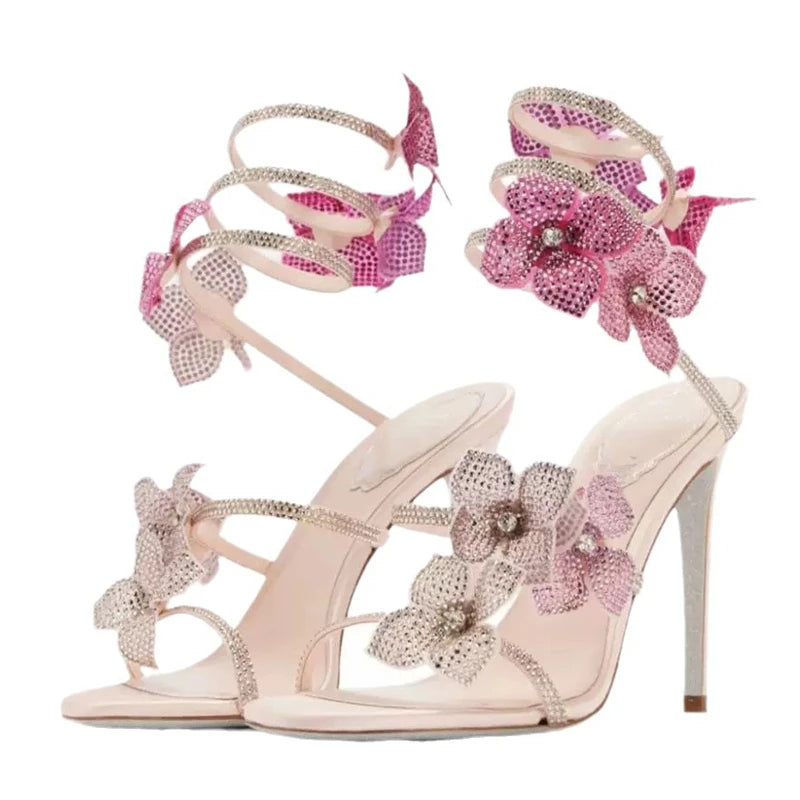 Eilyken Street Style CRYSTAL Flower Thin Heels Banquet Prom Women Sandals Sexy Open Toe Narrow Band Ankle Strap Gladiator Shoes