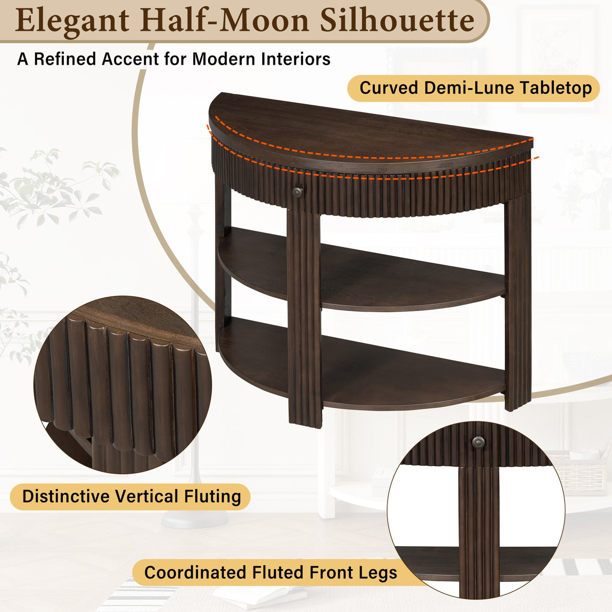 Fluted Half Moon Console Table with Drawer and 2 Shelves for Entryway,