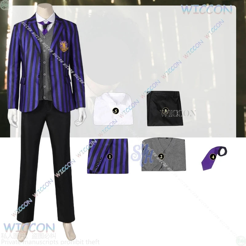 Eugenee Ottingerr Never Movie Moree Cosplay Anime Costume British Style School Uniform DK Purple Striped Coat Halloween Party