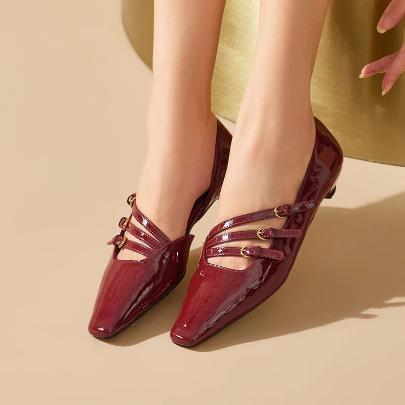 BEAUTODAY Pumps Women Patent Leather Pointed Toe Buckle Straps Shallow Mary Janes Summer Ladies Party Shoes Handmade 30096