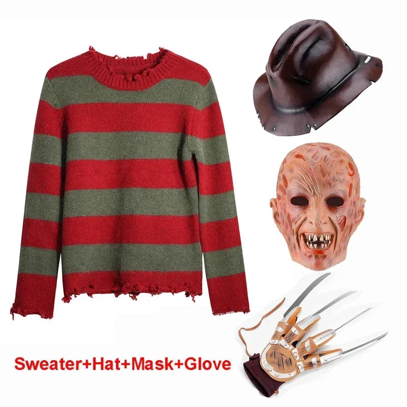New ★ Freddy cosplay adult sweater red striped knitting top coat hat mask Freddie Krueger Halloween costume for men★ 2025 qi☆