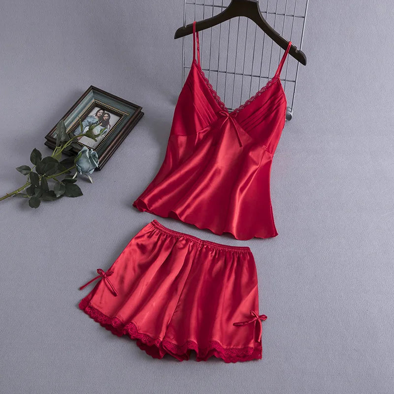 Elegant Champagne Strap Top&shorts Women Sexy Lace Trim Pajamas Suit Satin Nightwear Big Size 3Xl Home Clothes 2Pcs Lingerie