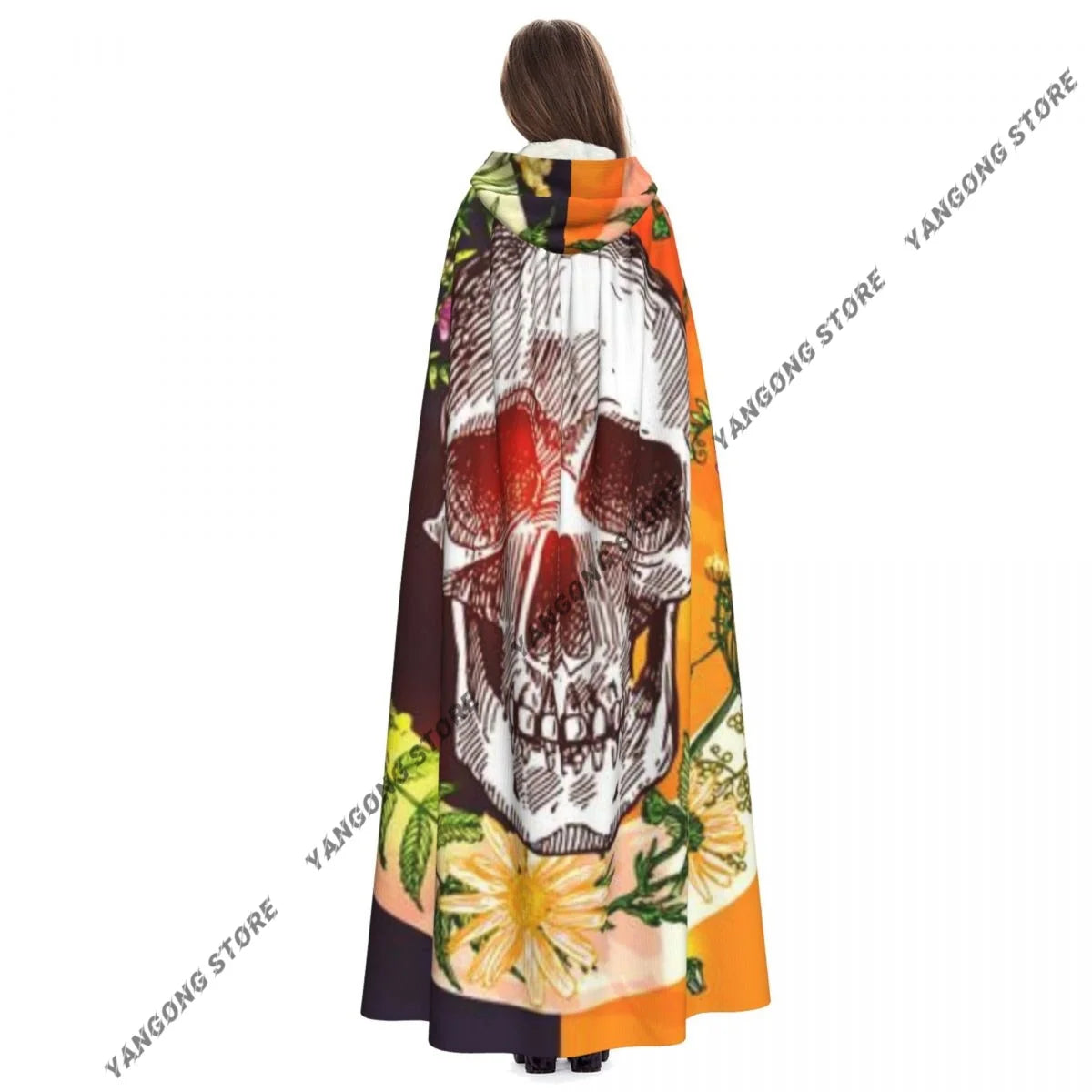 Boho Style Skull And Flowers Hooded Cloak Coat Halloween Cosplay Costume Vampire Devil Wizard Cape Gown Party