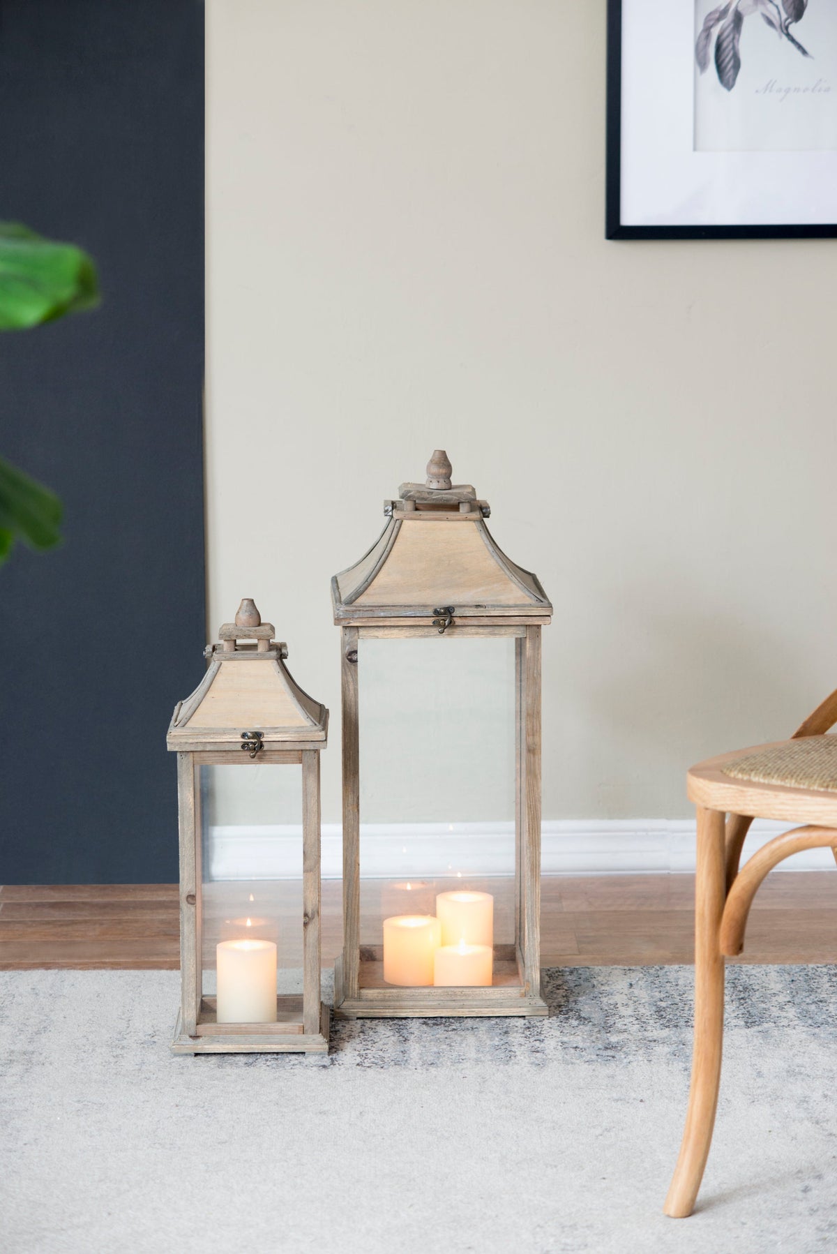 Set of 2 Ivory Wood & Glass Candle Lanterns