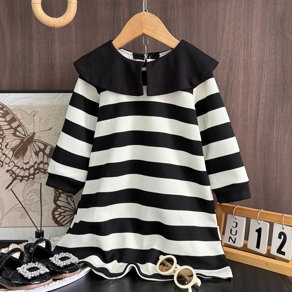 Black and White Fashion Korean Version Autumn New Girls' Casual Clothes Lapel Striped Long Sleeved Dress for Children Aged 3-7