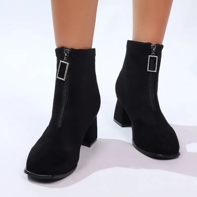 Block Heel Single Boots Women's Fashion Square Toe Suede Front Lace-Up Anti-Slip Wear-Resistant High Heel Shoe